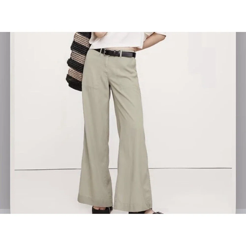 Banana Republic Women's Super-Soft Soma Mid-Rise Wide-Leg Pants Green Tea Sz S